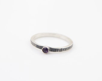 Amethyst - Stacking Ring  - Hammer Textured Band - Recycled Sterling Silver