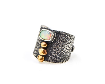 Sterling Silver Opal Ancient Bronze Beaded Ring