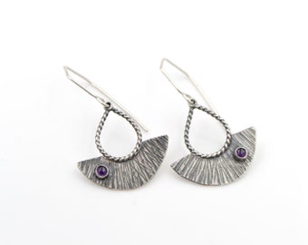 Hammered Amethyst Shield Drop Sterling Silver Earrings