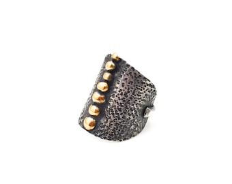 Large Sterling Silver Bronze Beaded Shield Ring