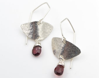 Sterling Silver - Garnet - Hammered Petal Earrings