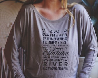 Gatherer Flowy Long Sleeve, Nature Top With Sleeves, Hand Printed Tee, Skyline Fever