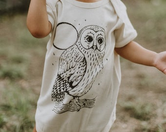 Luna Owl Baby Onesie, Boho Mama, Skyline Fever, Hand Printed T Shirts