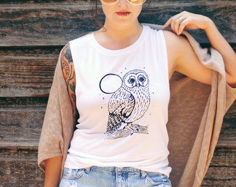 Luna Owl Tank top, Nature Tank Top, Owl Tee, Hand Printed T Shirt, Skyline Fever