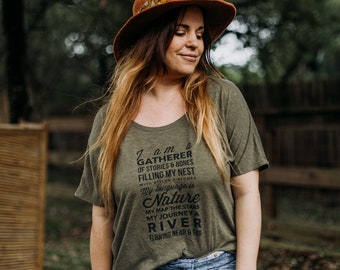 Gatherer Slouchy Tee, Nature Inspired, Skyline Fever, Poetry T Shirt, Hand Printed