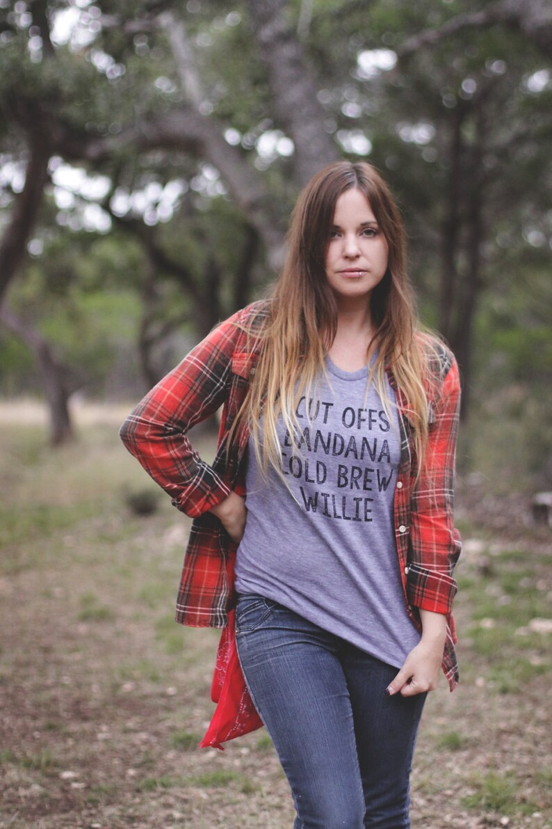 Grey womens and unisex top. Says Cut Offs Bandana Cold Brew Willie.  Inspired by our love of Willie Nelson.