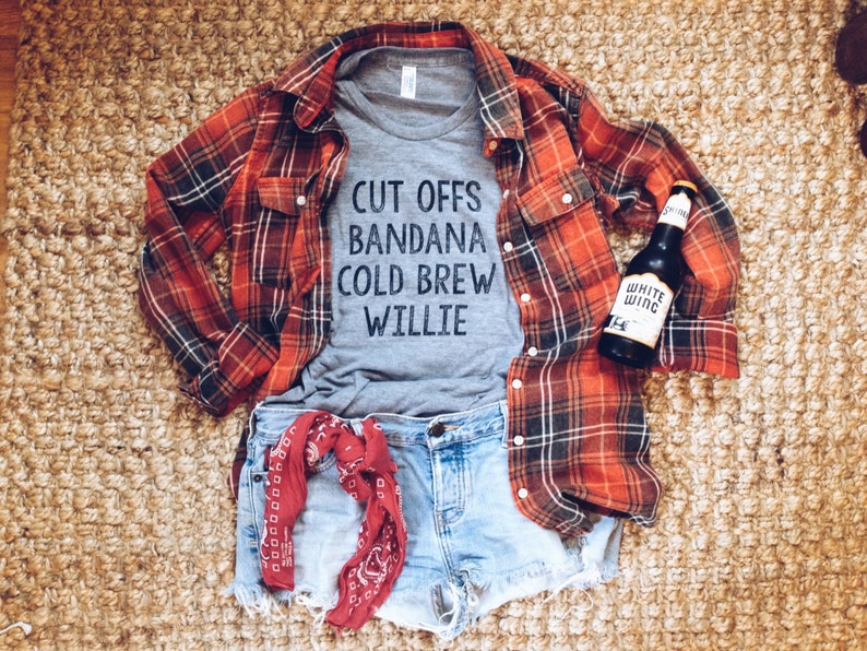 Grey womens and unisex top. Says Cut Offs Bandana Cold Brew Willie.  Inspired by our love of Willie Nelson.