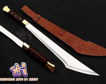 Ręcznie robiony miecz ze stali D2: rękojeść z palisandru i mosiądzu, skórzana pochwa