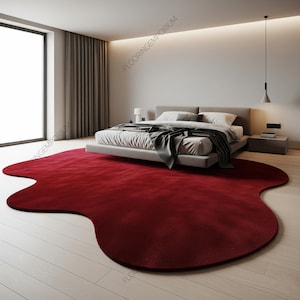 Hand Tufted Wool Rug: Red Wavy Modern Floor Art