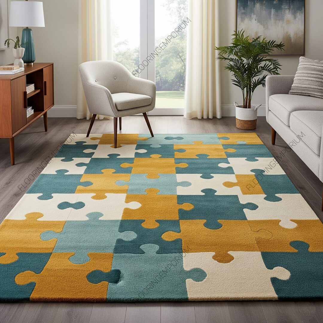 Modern Puzzle Rug Hand Tufted Wool Puzzle Rug: Modern Multicolour Playroom Carpet - Etsy
