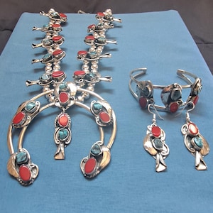 ENORME collana in corallo rosso turchese con fiori di zucca in argento, set di gioielli con collana, orecchini e bracciali