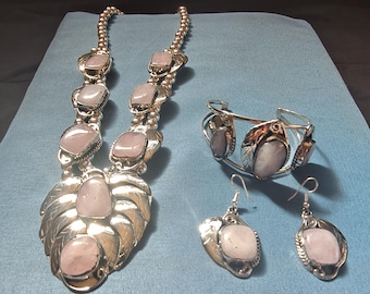 LARGE ROSE QUARTZ Silver Squash Blossom Necklace Jewelry Sets with Necklace earrings and bracelets