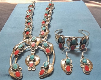HUGE Turquoise Coral Red Silver Squash Blossom Necklace Jewelry Sets with Necklace earrings and bracelets