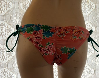 INDIE ATTIRE - Brazilian Ring Tie Scrunch Bikini Bottom - Pink Floral Print with Green Ties