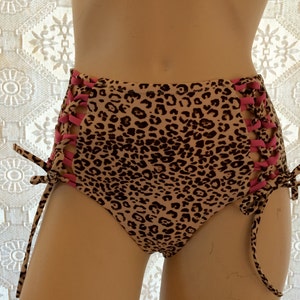 INDIE ATTIRE - Lace Up High Waisted Thong Bikini Bottom - Cream with Brown Leopard Print