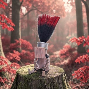 May include: A whimsical artistic figure, crafted from a paintbrush, sits on a moss-covered tree stump in a forest. The brush bristles are black and red. The background features red foliage and tall trees.