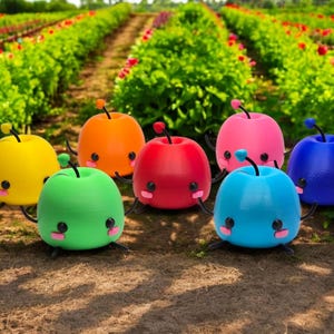 May include: Seven colorful, cartoon-like apple figures with smiling faces and small black legs are arranged in a field. The apples are yellow, orange, red, pink, blue, green, and light blue. Each has a black stem and a small antenna.