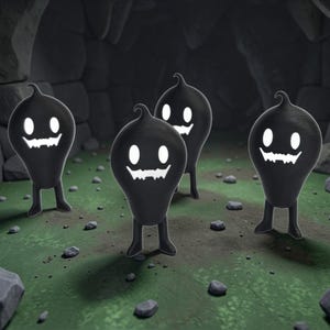 Puede incluir: Cuatro figuras negras de dibujos animados con ojos blancos y sonrisas dentadas están de pie sobre una superficie verde y rocosa. Tienen piernas pequeñas y una forma de cuerpo bulbosa, sobre un fondo oscuro, tipo cueva.