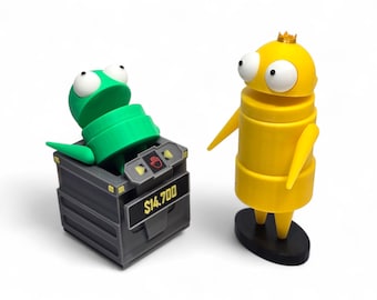 May include: Two cartoon-style figures. One is a green, snake-like creature emerging from a gray box with a price tag of $14.700. The other is a yellow, cylindrical figure with a crown and arms.