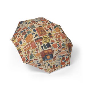 Japanese Retro Tools Pattern Umbrella Vintage Washi Style Folding Parasol Unique Cultural Print Lightweight Travel Rain Gift
