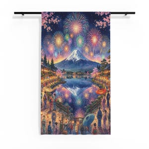 Japanese Fireworks Mount Fuji Sheer Curtain Fuji Hanabi Wall Hanging Home Decor Japan Art Window Treatment Lake Kawaguchi View Gift for Home