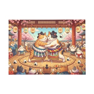 Cute Cat Sumo Puzzle Japanese Kawaii Cats Jigsaw Puzzle 96 252 500 1000 Pieces Funny Animal Art Gift for Cat Lovers and Kids