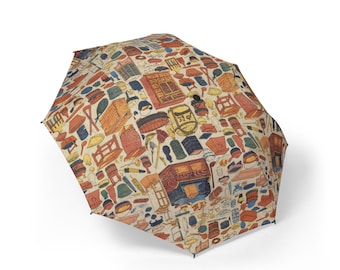 Japanese Retro Tools Pattern Umbrella Vintage Washi Style Folding Parasol Unique Cultural Print Lightweight Travel Rain Gift