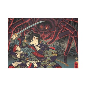 Samurai vs Giant Monster Spider Jigsaw Puzzle 1000 Pieces, Japanese Ukiyo-e Art, Folklore Tsuchigumo Raiko Wall Decor, Mythic Creature Gift