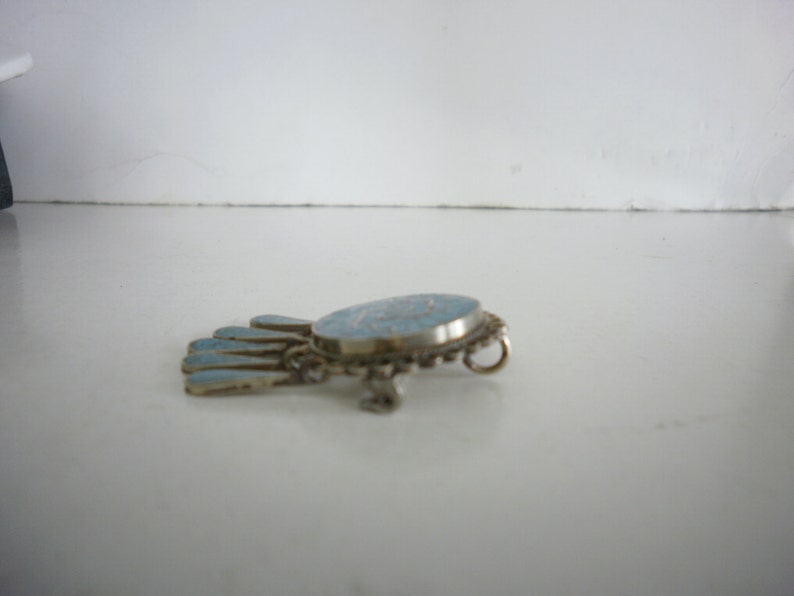 Vintage Mexican Alpaca Pin-Pendant Inlaid Brooch with Crushed Turquoise Tribal PIn Aztec Design Made in Mexico