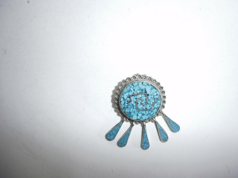 Vintage Mexican Alpaca Pin-Pendant Inlaid Brooch with Crushed Turquoise Tribal PIn Aztec Design Made in Mexico