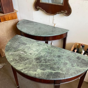Pair of Hepplewhite-Style Demi-Lune Tables with Green Marble Tops, Mid 20th Century. Local Pickup Only – No Shipping Available
