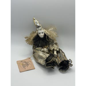 Vintage Harlequin Mardi Gras Jester Clown Porcelain Doll Gold & Silver