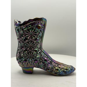 FENTON Vintage Amethyst Carnival Glass Daisy Button Iridescent Tall Boot Bootie