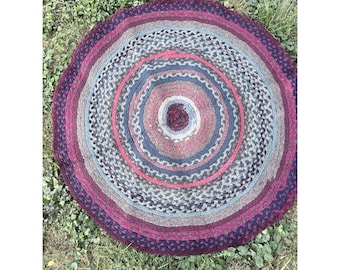 Alfombra redonda de trapo trenzada vintage de 124 cm (49 pulgadas), hecha a mano, estilo rústico y folclórico.