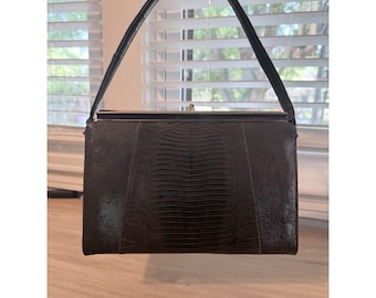 Vintage 1950s Lizard Embossed Leather Handbag Purse Brown