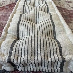 Custom  French cushion sample in black stripe feed sack linen