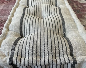 Custom  French cushion sample in black stripe feed sack linen