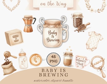 Baby is Brewing Boho Watercolor Clipart PNG, Coffee Decor Illustrations, Nursery Art Wall, Coffee Baby Shower Invitation Digital Download
