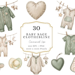 Puede incluir: Ilustraci&oacute;n en acuarela de ropa y accesorios para beb&eacute;s en colores verde salvia y crema. La imagen incluye peleles, un babero, un chupete y una almohada en forma de coraz&oacute;n. El texto dice "30 BABY SAGE CLOTHESLINE".