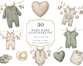 Sage Baby Clothesline Clipart, Clothesline Baby Nursery Clipart, Baby Boy Baby Shower Clothes Line Clip Art, Digital Download