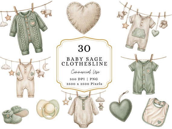 Sage Baby Clothesline Clipart, Clothesline Baby Nursery Clipart, Baby Boy Baby Shower Clothes Line Clip Art, Digital Download