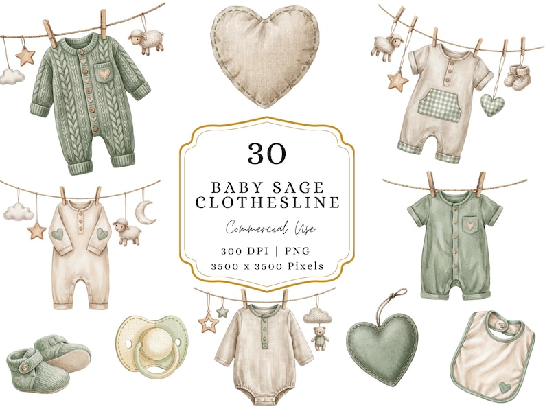 Puede incluir: Ilustraci&oacute;n en acuarela de ropa y accesorios para beb&eacute;s en colores verde salvia y crema. La imagen incluye peleles, un babero, un chupete y una almohada en forma de coraz&oacute;n. El texto dice "30 BABY SAGE CLOTHESLINE".