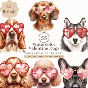 Puede incluir: Ilustraciones en acuarela de varias razas de perros con gafas de sol en forma de corazón. La imagen incluye el texto "30 Breeds" y "55 Watercolor Valentine Dogs". El clipart es para uso comercial y tiene 300 DPI/3500 x 3500 píxeles.