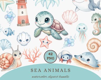 Sea Animals Watercolor Clipart PNG, Undersea Images, Ocean Cute Baby Animals Decor Nursery Art Wall, Baby Shower Invitation Digital Download