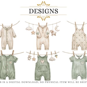 Puede incluir: Ilustraci&oacute;n en acuarela de ropa de beb&eacute; colgada en un tendedero. La imagen presenta seis conjuntos diferentes en colores suaves y neutros, incluyendo peleles y petos. La palabra "DESIGNS" est&aacute; en la parte superior. El texto en la parte inferior dice "THIS IS A DIGITAL DOWNLOAD; NO PHYSICAL ITEM WILL BE SHIPPED."