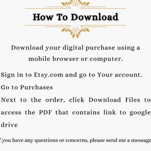 Puede incluir: Fondo blanco con el texto "How To Download". La imagen proporciona instrucciones para descargar compras digitales de Etsy, incluyendo iniciar sesi&oacute;n, ir a compras y descargar archivos.