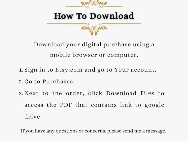 Puede incluir: Fondo blanco con el texto "How To Download". La imagen proporciona instrucciones para descargar compras digitales de Etsy, incluyendo iniciar sesi&oacute;n, ir a compras y descargar archivos.