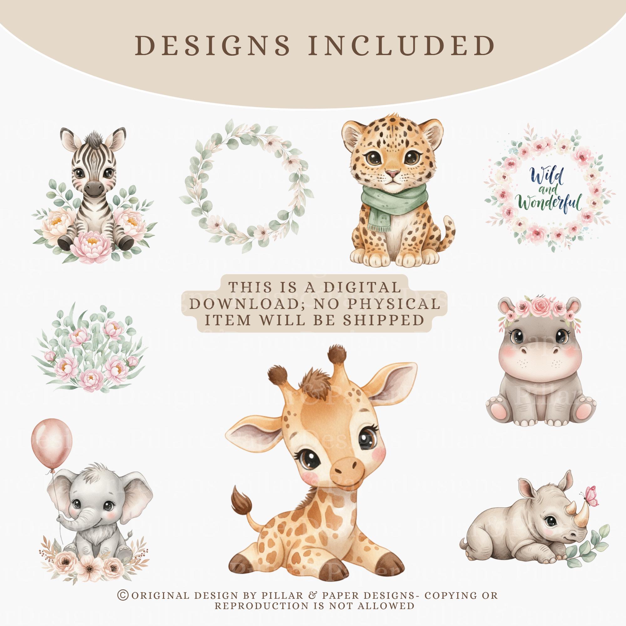 Safari Boho Baby Animals Watercolor Clipart, Cute Baby Animals PNG ...