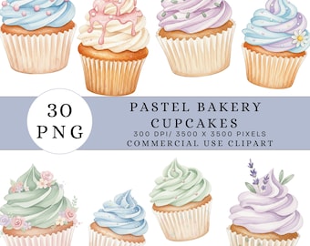 Cupcake Clipart PNG, Pastel Watercolor Bakery Cupcakes Clipart, Cute Cupcakes for Cards, Scrapbooking, Sublimation, Stickers & DIY Crafts