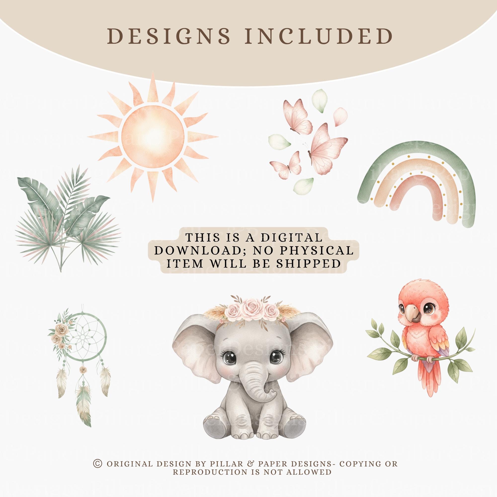 Safari Boho Baby Animals Watercolor Clipart, Cute Baby Animals PNG ...